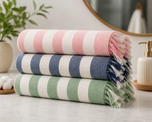 aurhaus-bamboo-towel-three-colours Stack of three Aurhaus bamboo towels in blush pink, navy blue and sage green stripes with fringed ends
